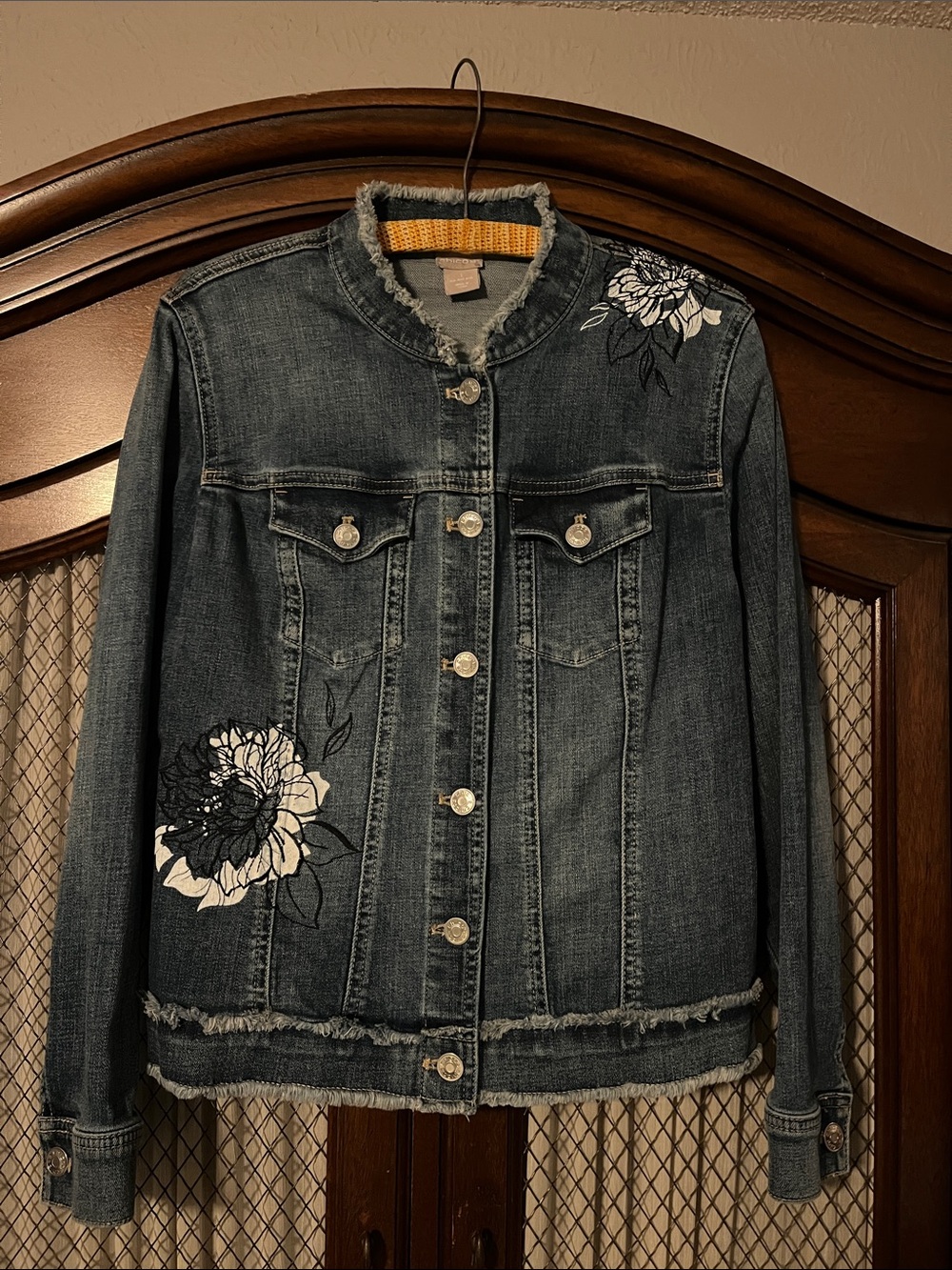 Chico's Dark Blue Denim Jacket with White Floral Appliqués